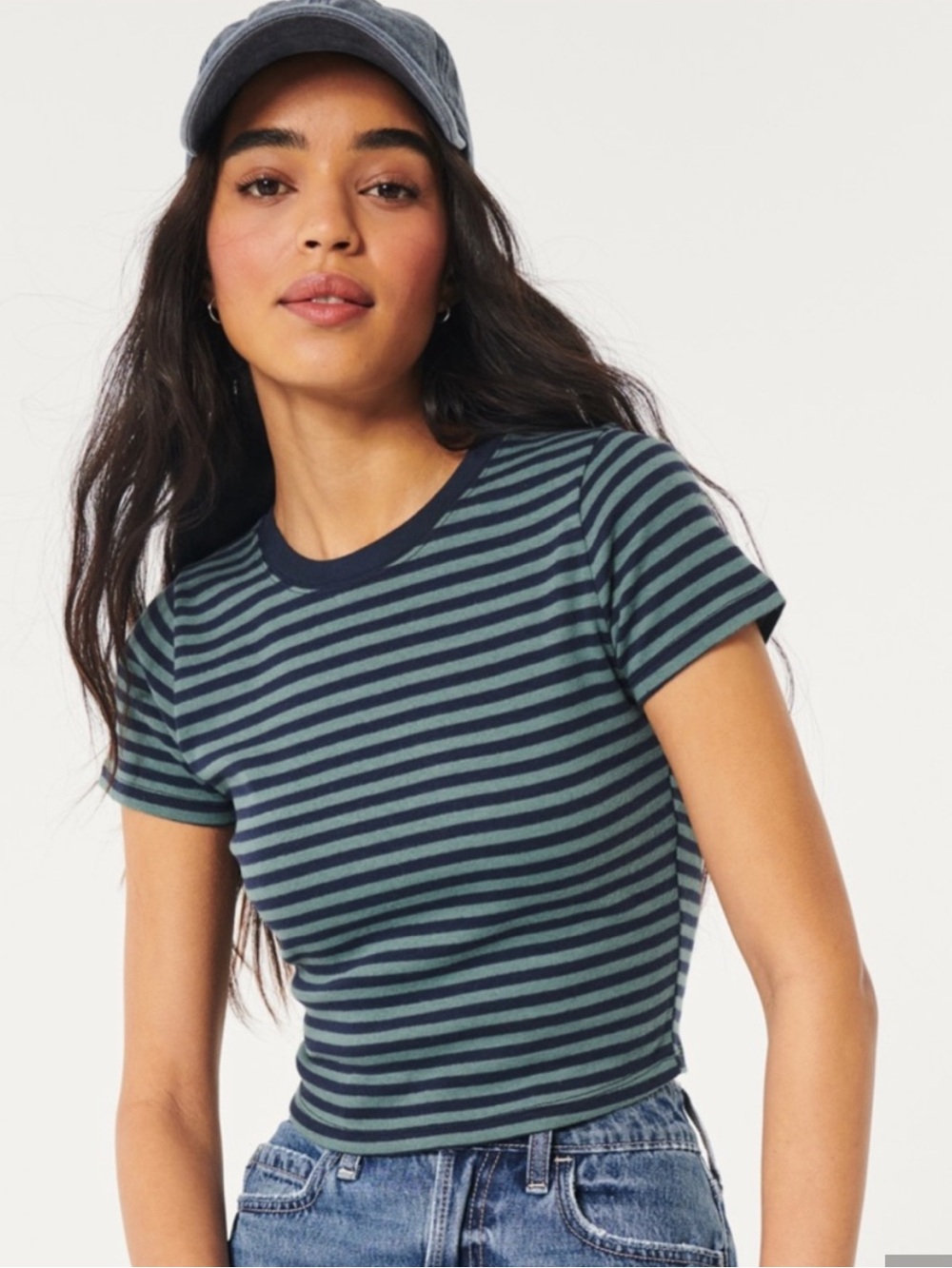 Hollister Navy and Teal Striped Short-Sleeve Tee size xs